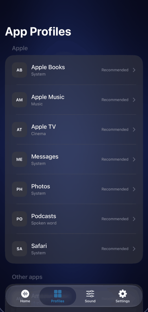 D4 App Profiles screen: Apple Books, Apple Music, Apple TV, Messages, Photos, Podcasts and Safari, each with its recommended sound